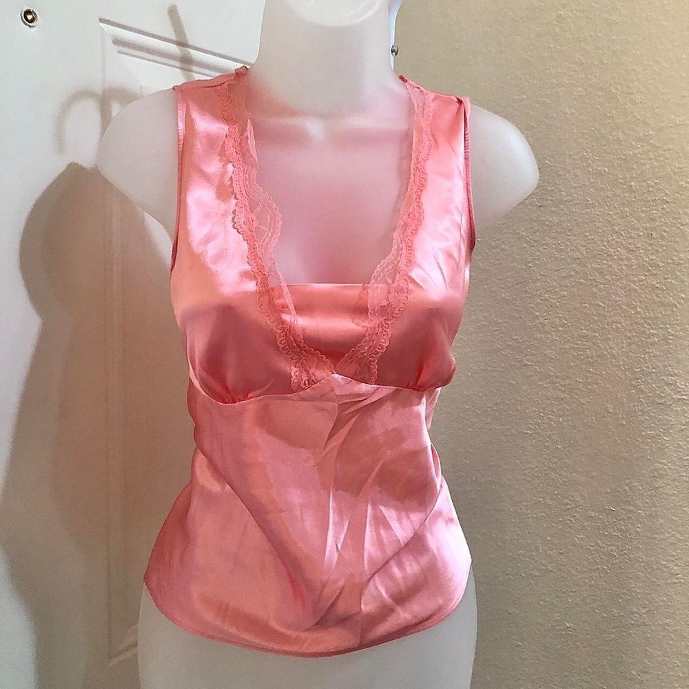 Y2K Coquette Pink satin sleeveless blouse lace detailing V-neck lingerie top